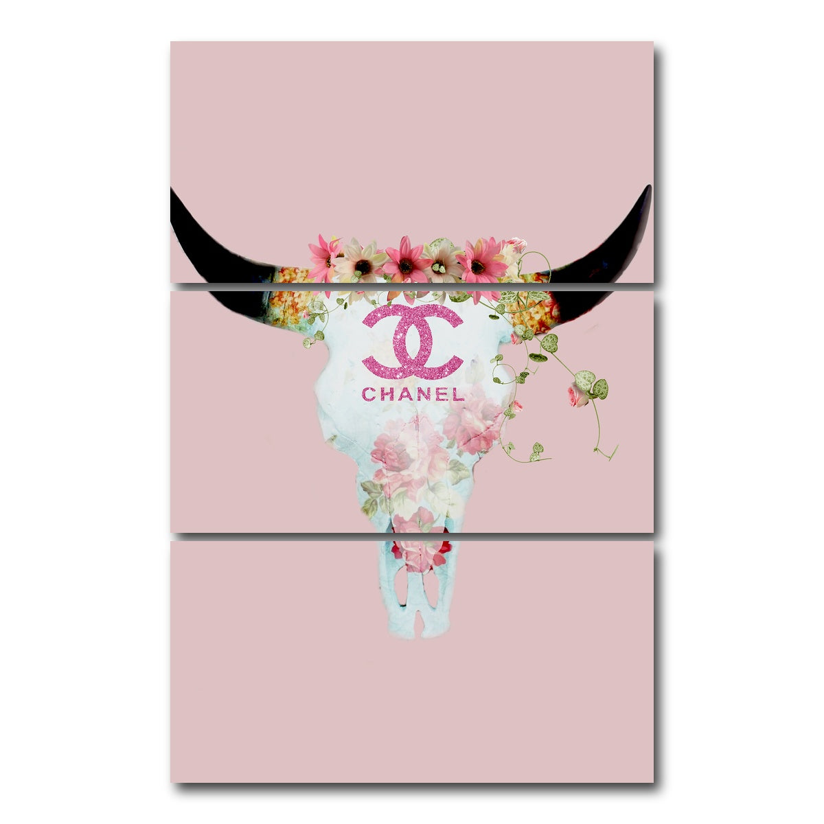 AUTO-MOCKUP WHITE | Chanel Bull Skull | 3 Piece | Gallery Wrap Canvas | group=12x24_stacked