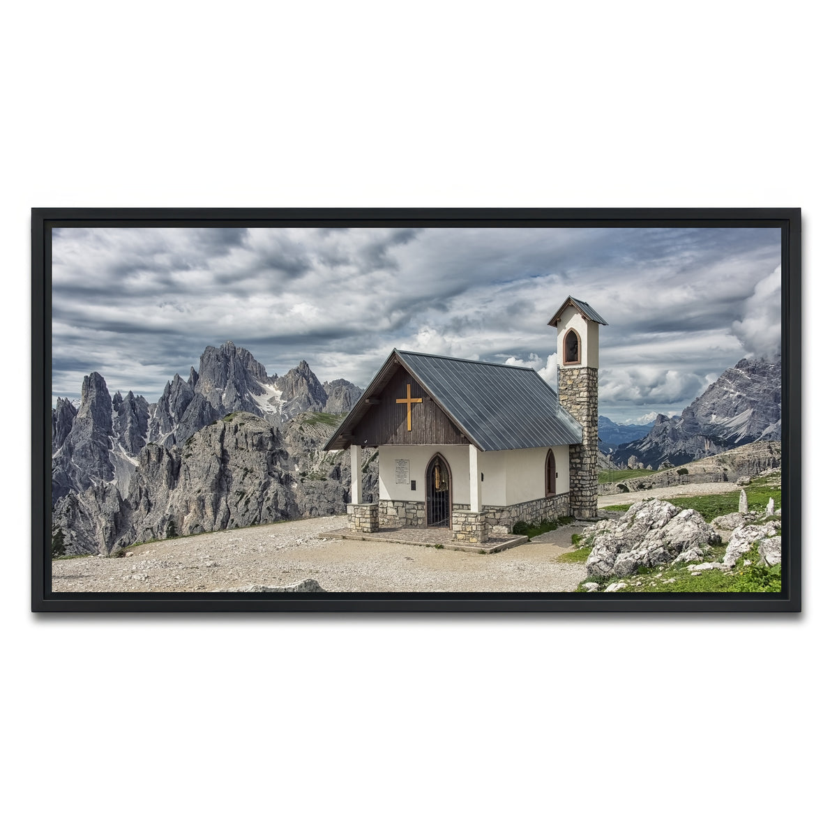 AUTO-MOCKUP WHITE | Chapel In The Dolomites | 1 Piece | Black Framed Canvas | group=2x1