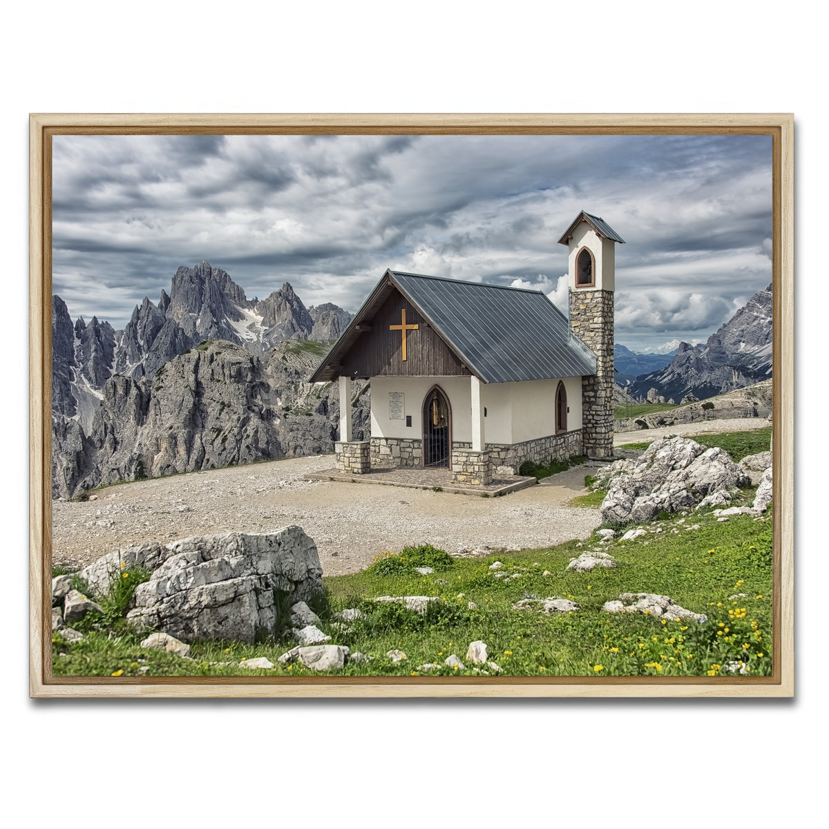 AUTO-MOCKUP WHITE | Chapel In The Dolomites | 1 Piece | Natural Framed Canvas | group=4x3