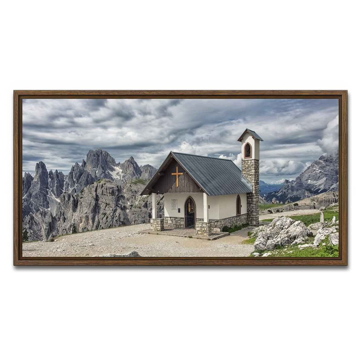 AUTO-MOCKUP WHITE | Chapel In The Dolomites | 1 Piece | Walnut Framed Canvas | group=2x1