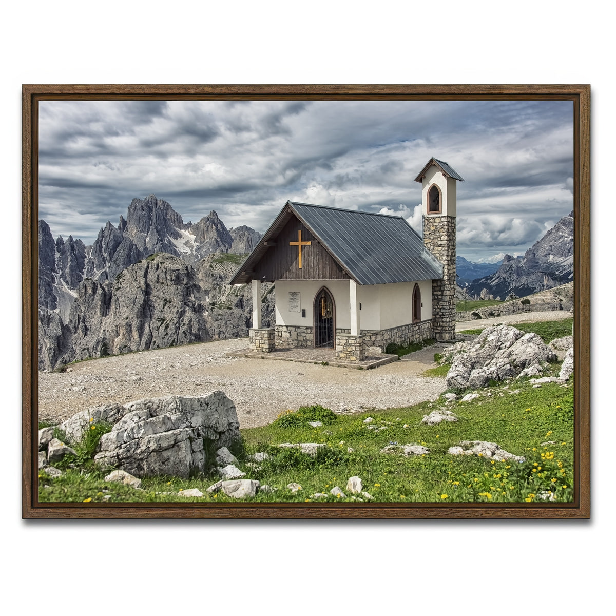 AUTO-MOCKUP WHITE | Chapel In The Dolomites | 1 Piece | Walnut Framed Canvas | group=4x3