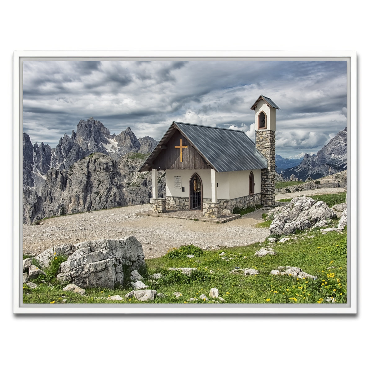 AUTO-MOCKUP WHITE | Chapel In The Dolomites | 1 Piece | White Framed Canvas | group=4x3