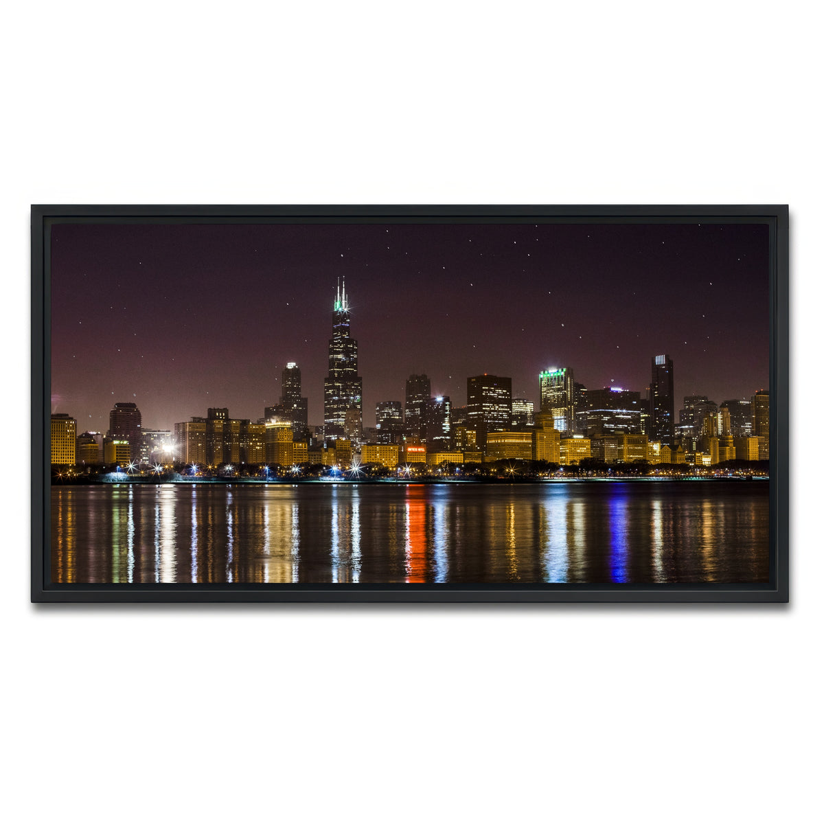AUTO-MOCKUP WHITE | Chicago Skyline at Night | 1 Piece | Black Framed Canvas | group=2x1