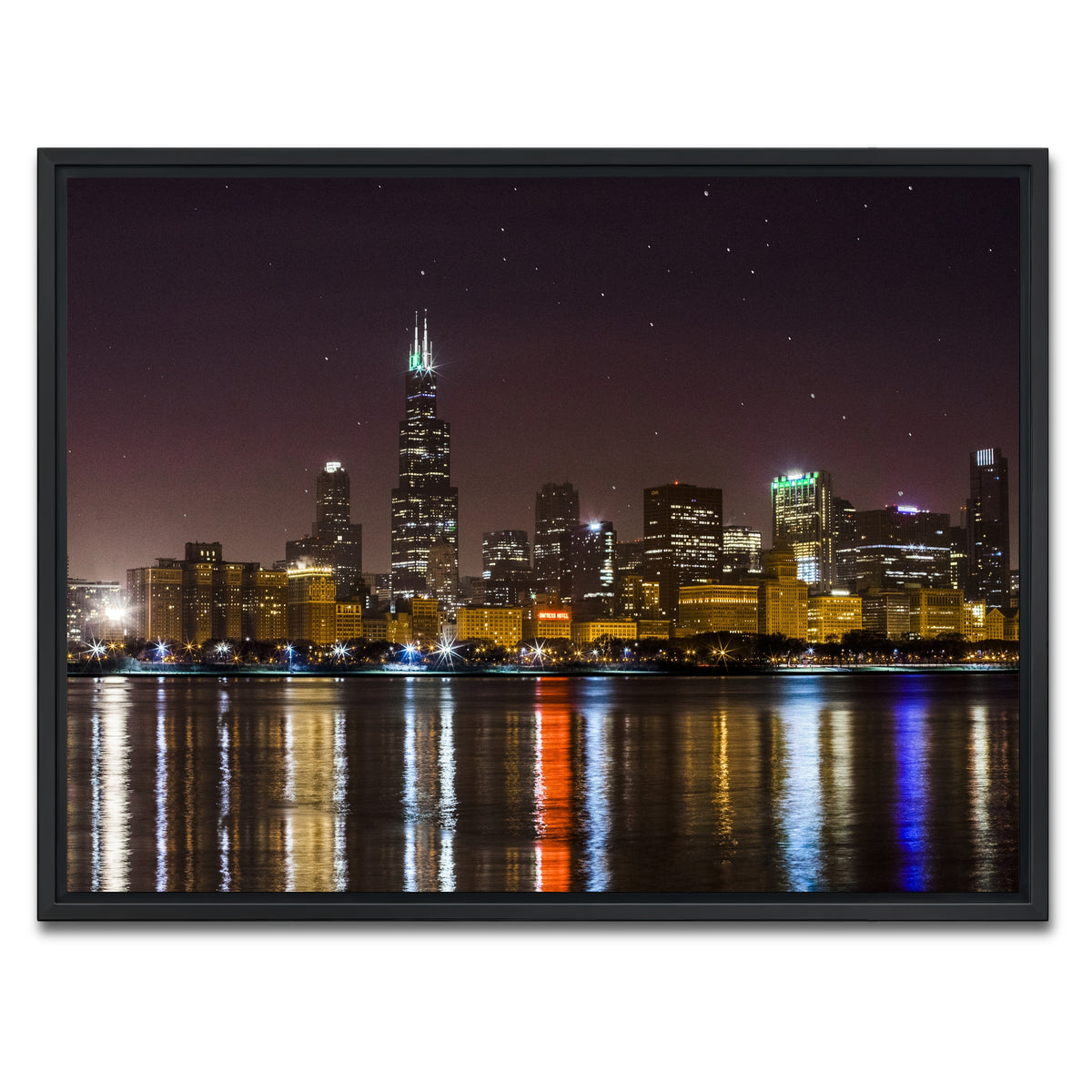 AUTO-MOCKUP WHITE | Chicago Skyline at Night | 1 Piece | Black Framed Canvas | group=4x3