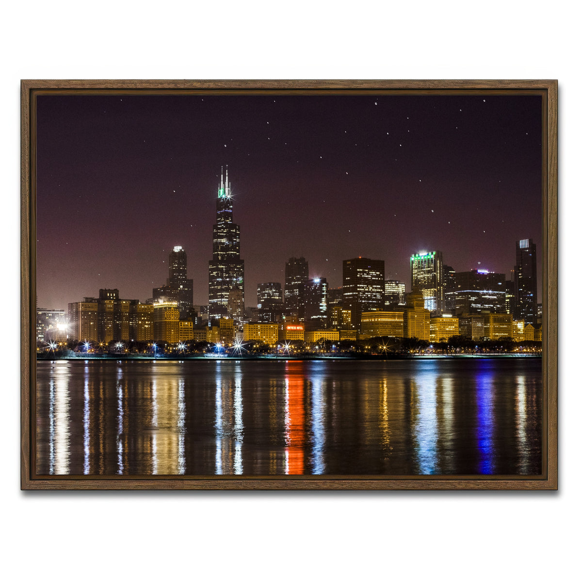 AUTO-MOCKUP WHITE | Chicago Skyline at Night | 1 Piece | Walnut Framed Canvas | group=4x3
