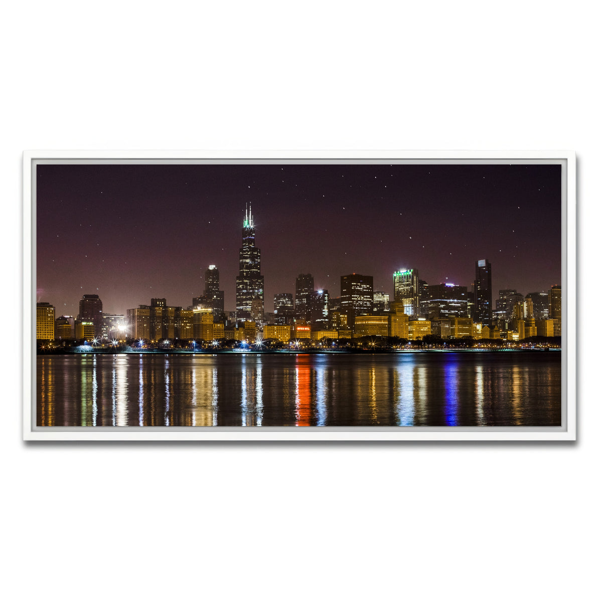 AUTO-MOCKUP WHITE | Chicago Skyline at Night | 1 Piece | White Framed Canvas | group=2x1