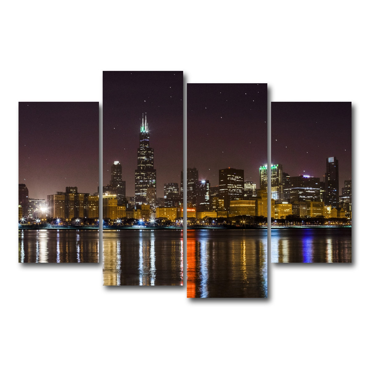 AUTO-MOCKUP WHITE | Chicago Skyline at Night | 4 Piece | Gallery Wrap Canvas | group=4_short