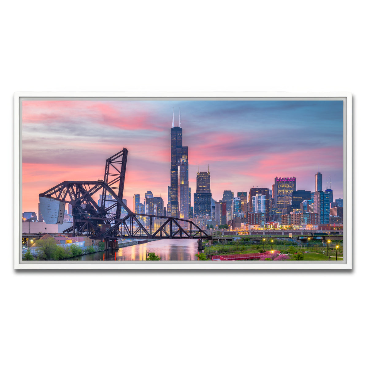 AUTO-MOCKUP WHITE | Chicago Skyline at Twilight | 1 Piece | White Framed Canvas | group=2x1
