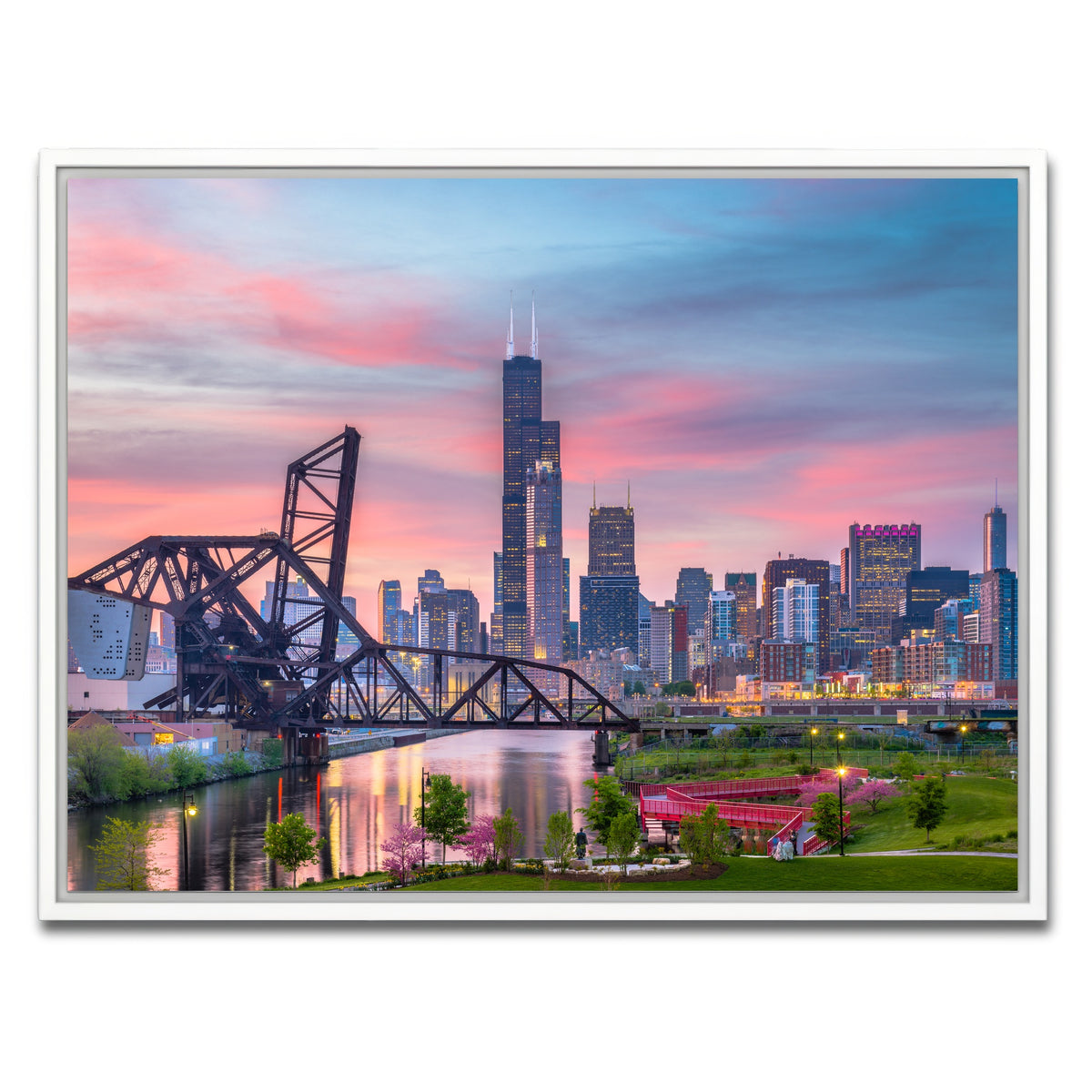 AUTO-MOCKUP WHITE | Chicago Skyline at Twilight | 1 Piece | White Framed Canvas | group=4x3