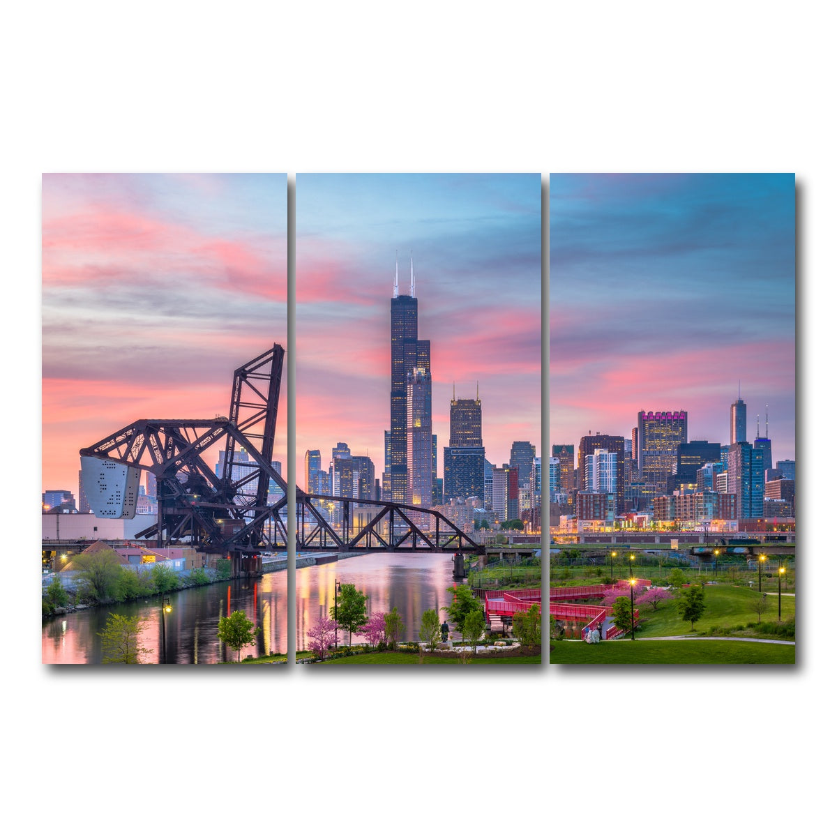 AUTO-MOCKUP WHITE | Chicago Skyline at Twilight | 3 Piece | Gallery Wrap Canvas | group=12x24
