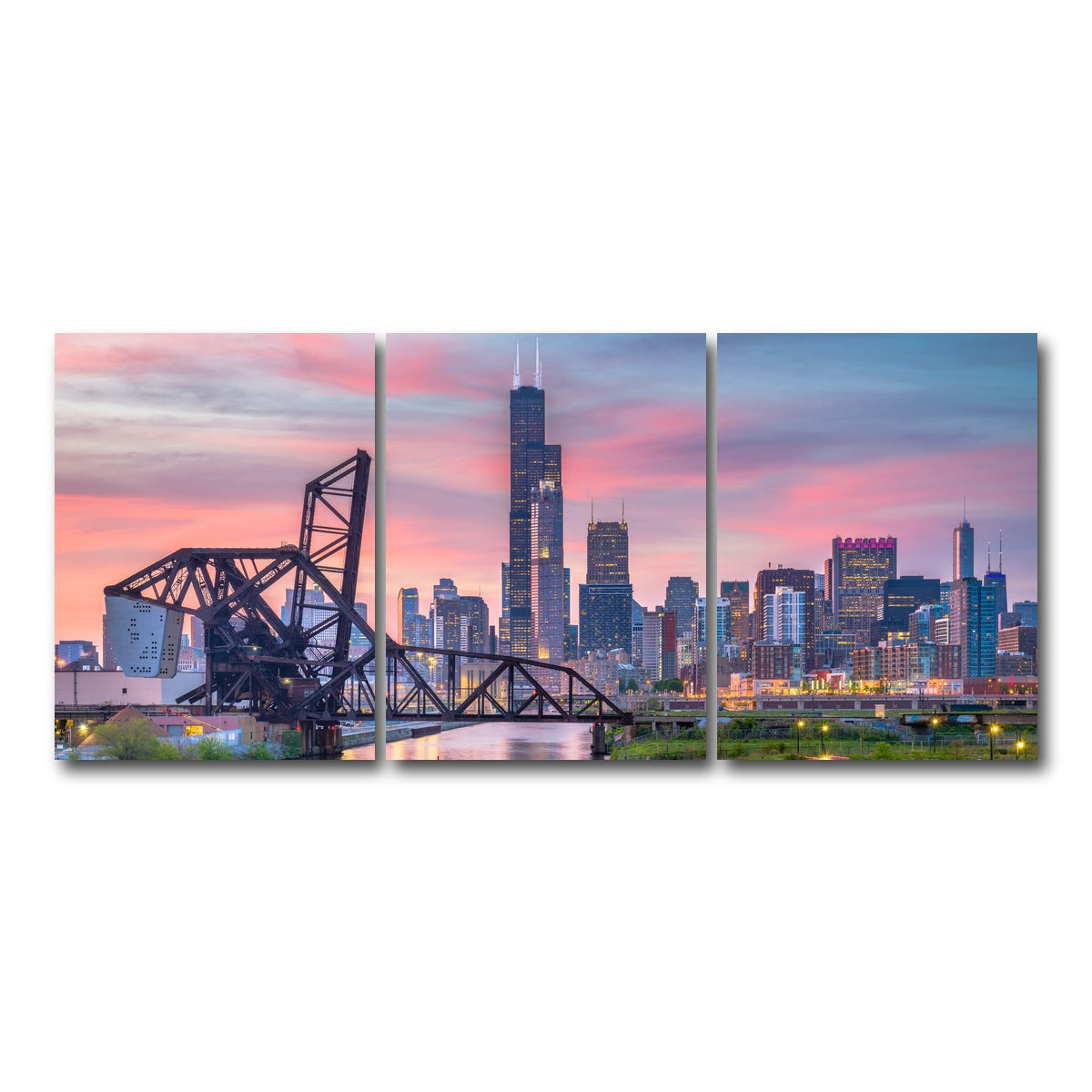AUTO-MOCKUP WHITE | Chicago Skyline at Twilight | 3 Piece | Gallery Wrap Canvas | group=18x24