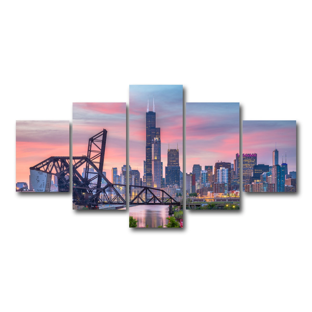 AUTO-MOCKUP WHITE | Chicago Skyline at Twilight | 5 Piece | Gallery Wrap Canvas | group=5_short