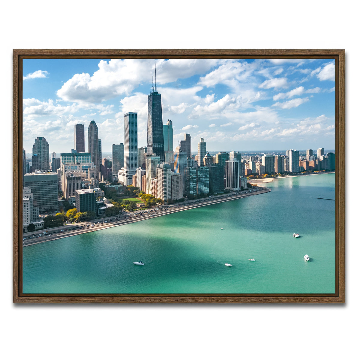 AUTO-MOCKUP WHITE | Chicago skyline aerial | 1 Piece | Walnut Framed Canvas | group=4x3