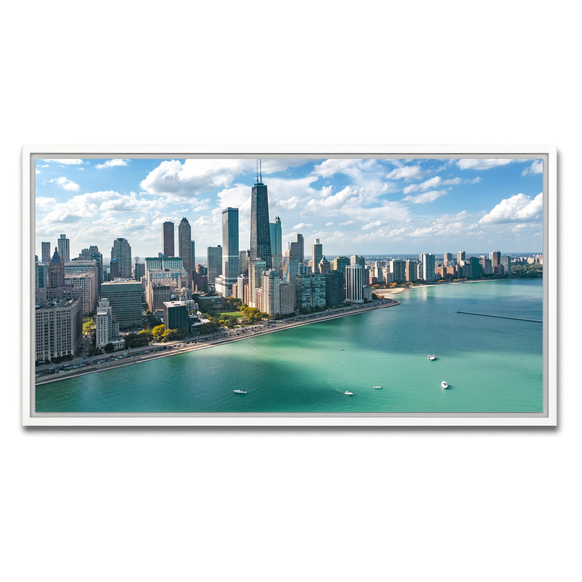 AUTO-MOCKUP WHITE | Chicago skyline aerial | 1 Piece | White Framed Canvas | group=2x1