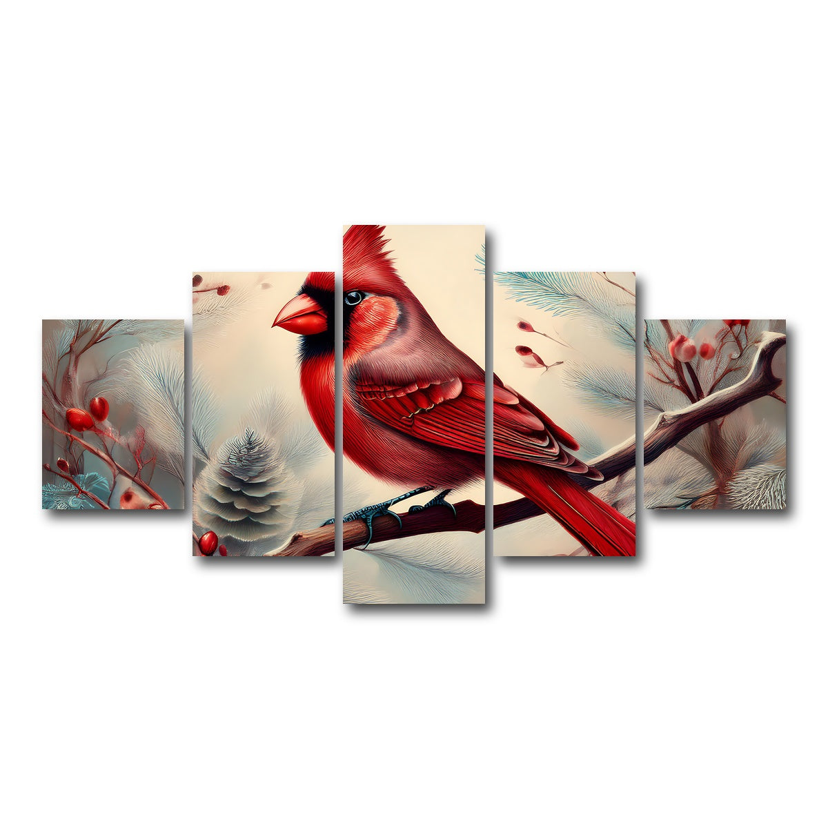 AUTO-MOCKUP WHITE | Classic Northern Cardinal on Branch | 5 Piece | Gallery Wrap Canvas | group=5_short
