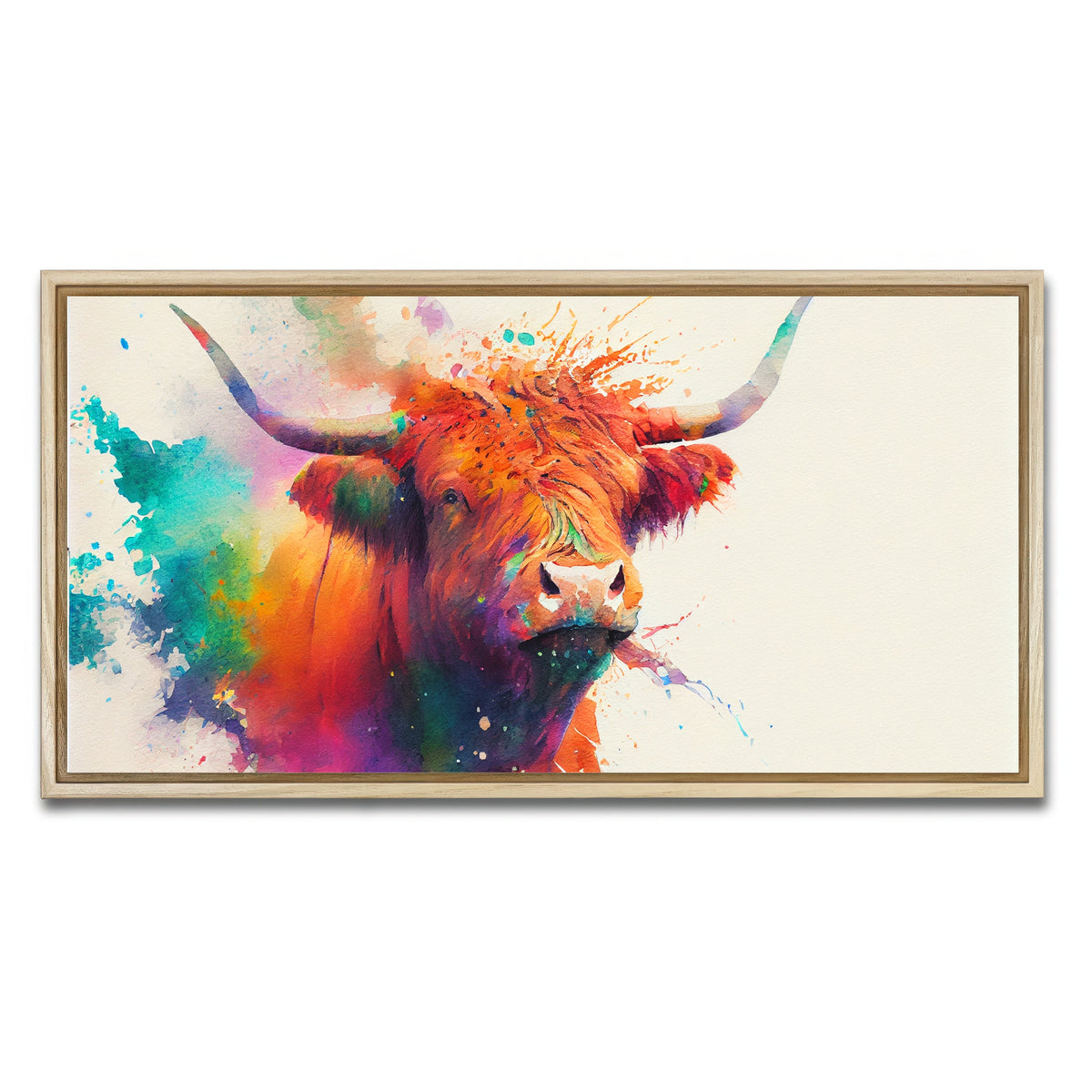 AUTO-MOCKUP WHITE | Colorful Highland Cow | 1 Piece | Natural Framed Canvas | group=2x1