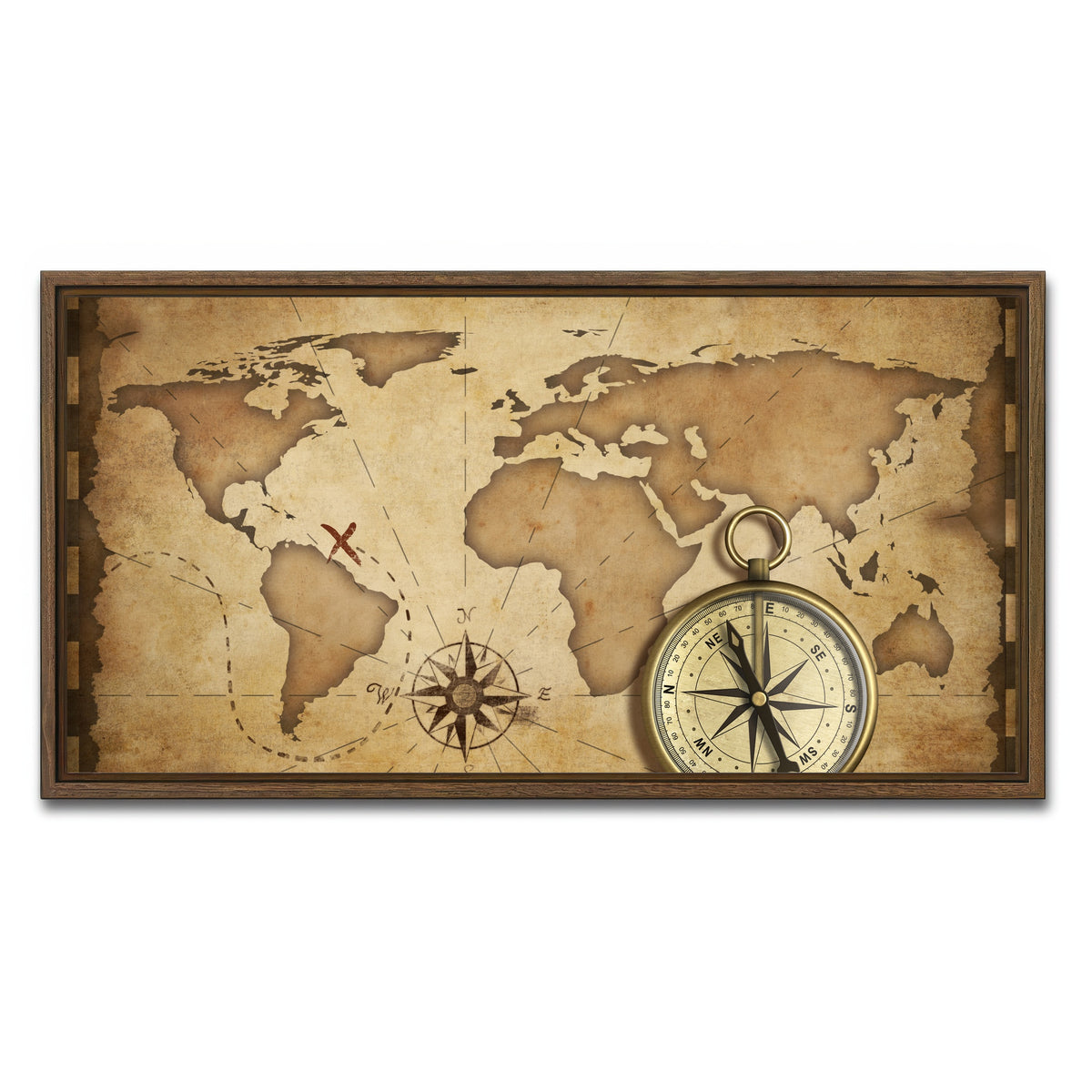 AUTO-MOCKUP WHITE | Compass and Map | 1 Piece | Walnut Framed Canvas | group=2x1