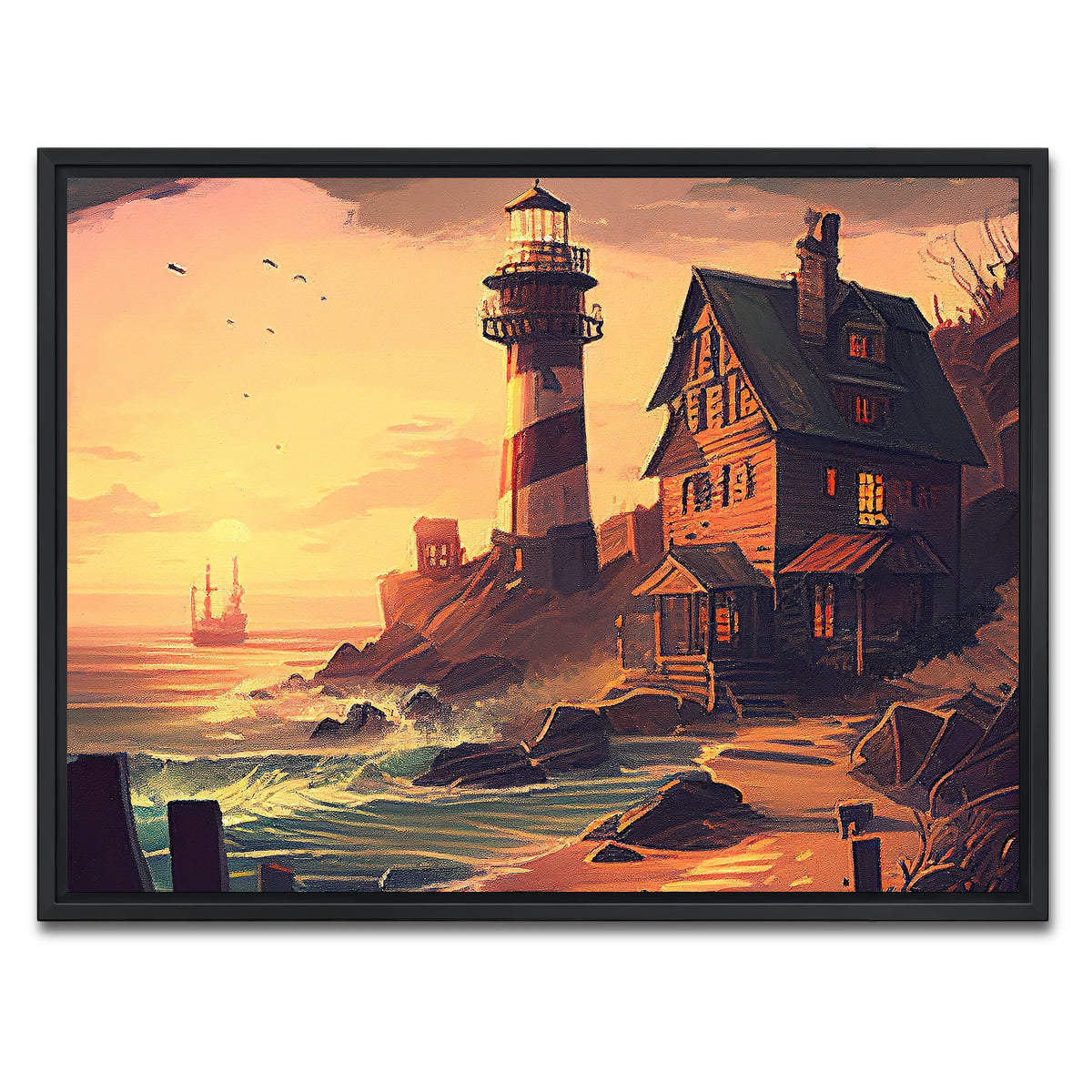 AUTO-MOCKUP WHITE | Cozy Lighthouse Shore | 1 Piece | Black Framed Canvas | group=4x3