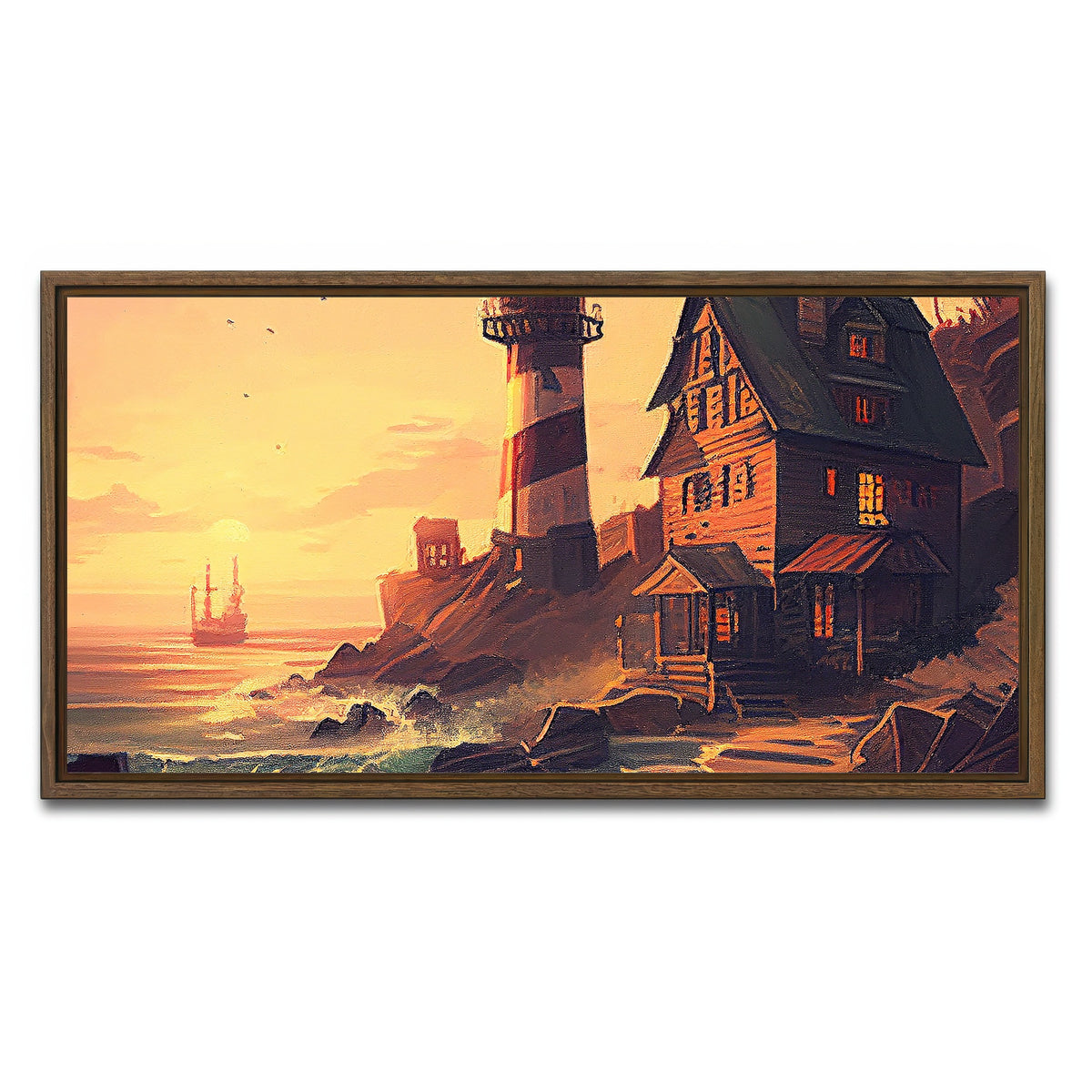 AUTO-MOCKUP WHITE | Cozy Lighthouse Shore | 1 Piece | Walnut Framed Canvas | group=2x1