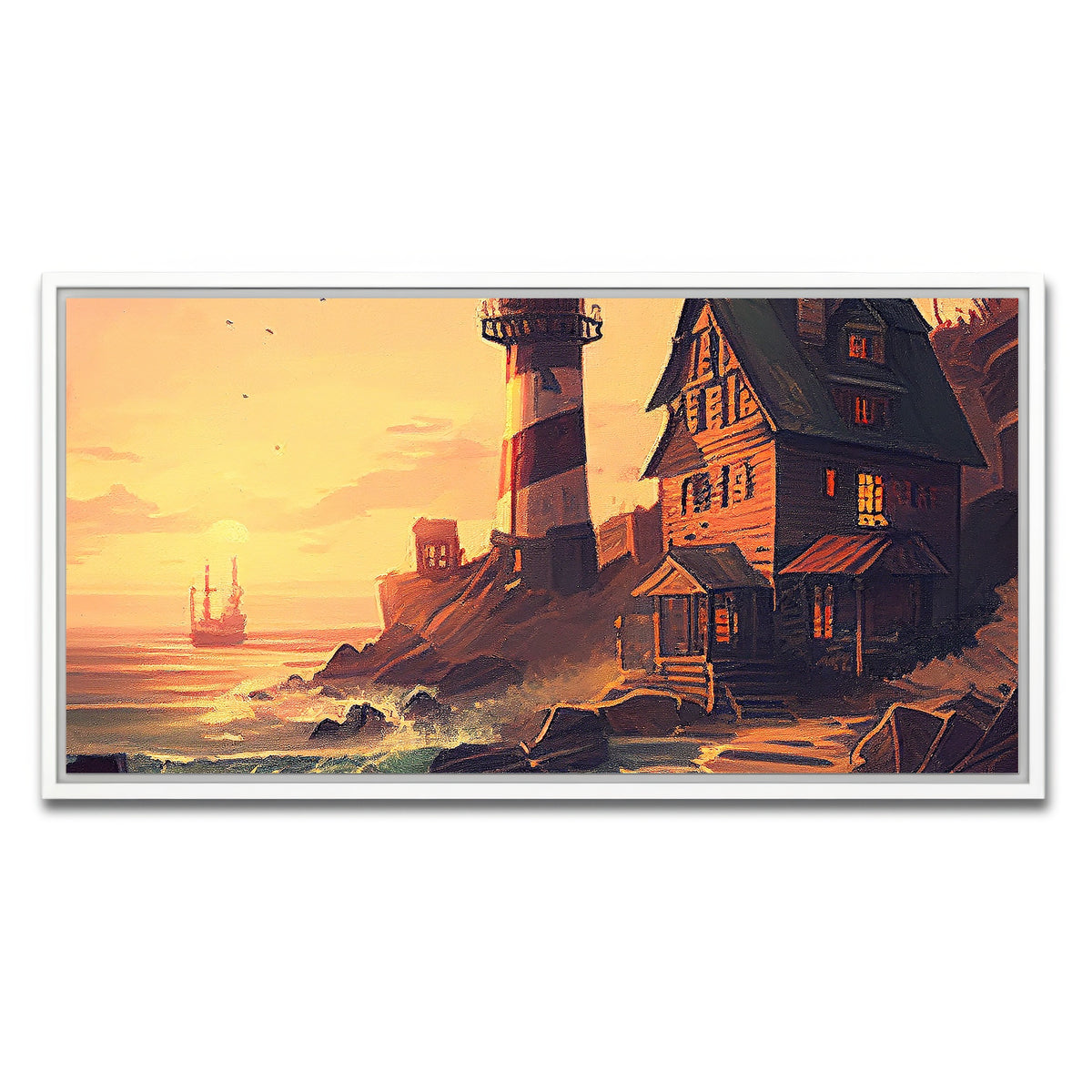 AUTO-MOCKUP WHITE | Cozy Lighthouse Shore | 1 Piece | White Framed Canvas | group=2x1