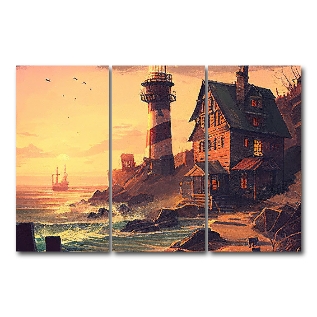 AUTO-MOCKUP WHITE | Cozy Lighthouse Shore | 3 Piece | Gallery Wrap Canvas | group=12x24