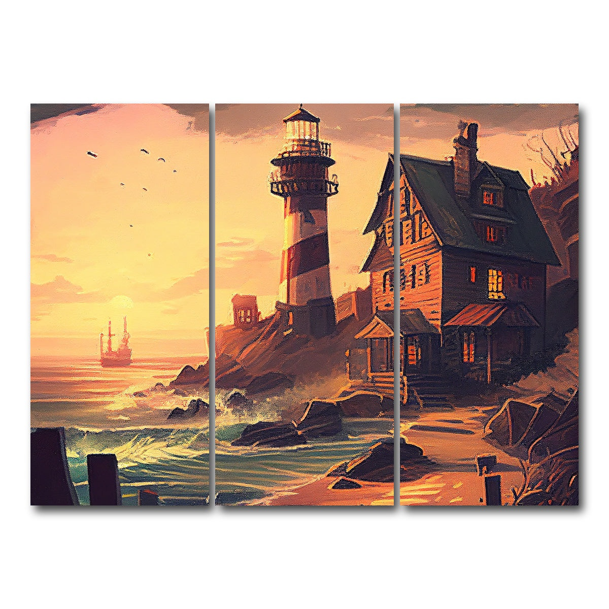 AUTO-MOCKUP WHITE | Cozy Lighthouse Shore | 3 Piece | Gallery Wrap Canvas | group=8x18
