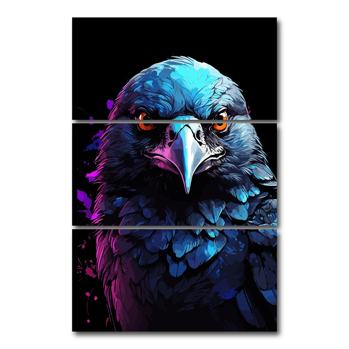 AUTO-MOCKUP WHITE | Crow Animal Colorful | 3 Piece | Gallery Wrap Canvas | group=12x24_stacked