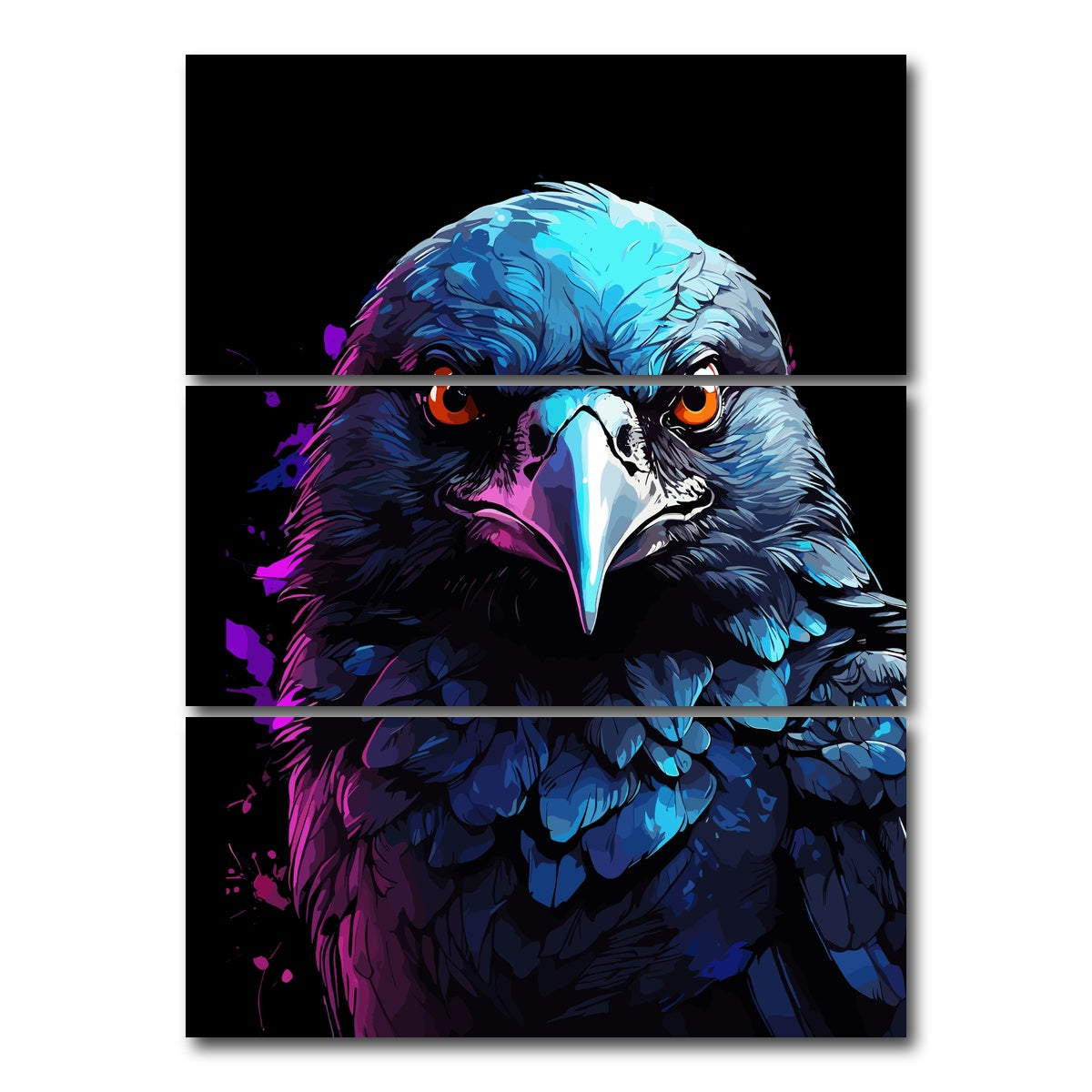 AUTO-MOCKUP WHITE | Crow Animal Colorful | 3 Piece | Gallery Wrap Canvas | group=8x18_stacked