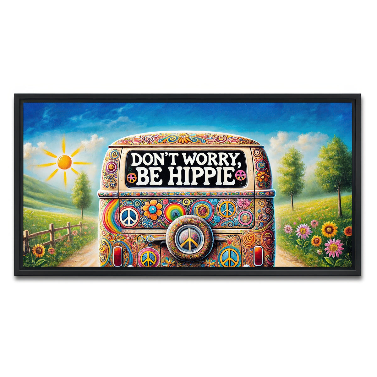 AUTO-MOCKUP WHITE | DON'T WORRY, BE HIPPIE Hippie Van | 1 Piece | Black Framed Canvas | group=2x1