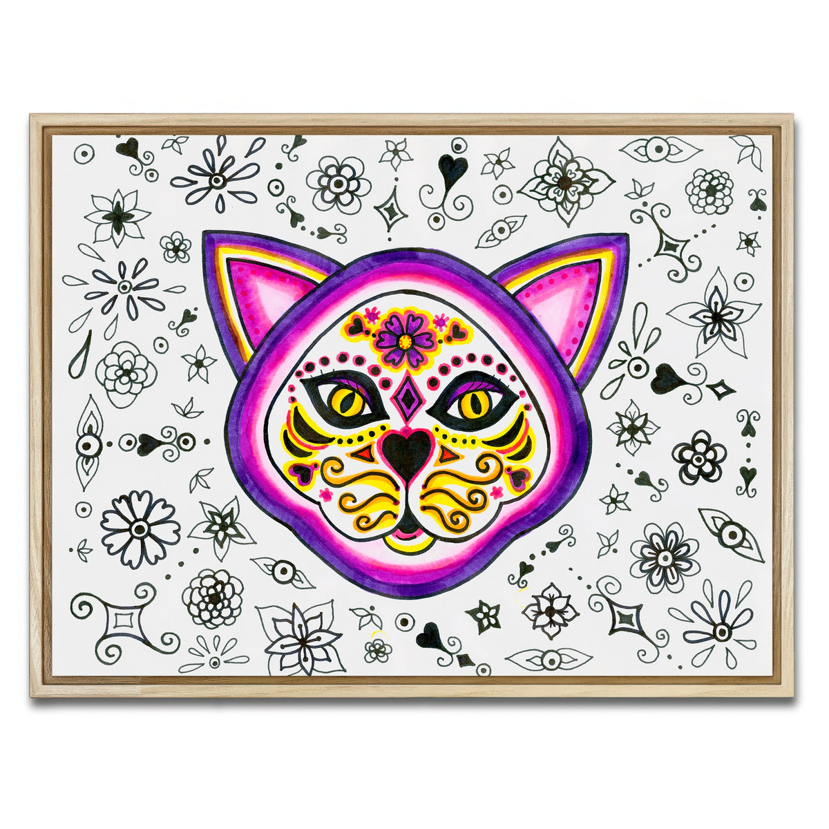 AUTO-MOCKUP WHITE | Day of the Dead Cat Skeleton | 1 Piece | Natural Framed Canvas | group=4x3