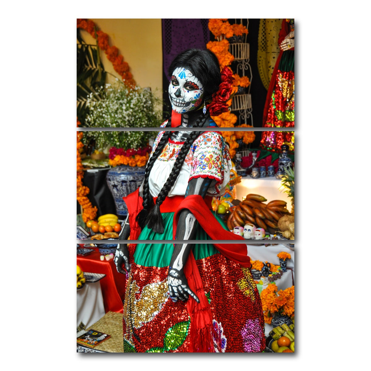 AUTO-MOCKUP WHITE | Dia de los Muertos Woman | 3 Piece | Gallery Wrap Canvas | group=12x24_stacked