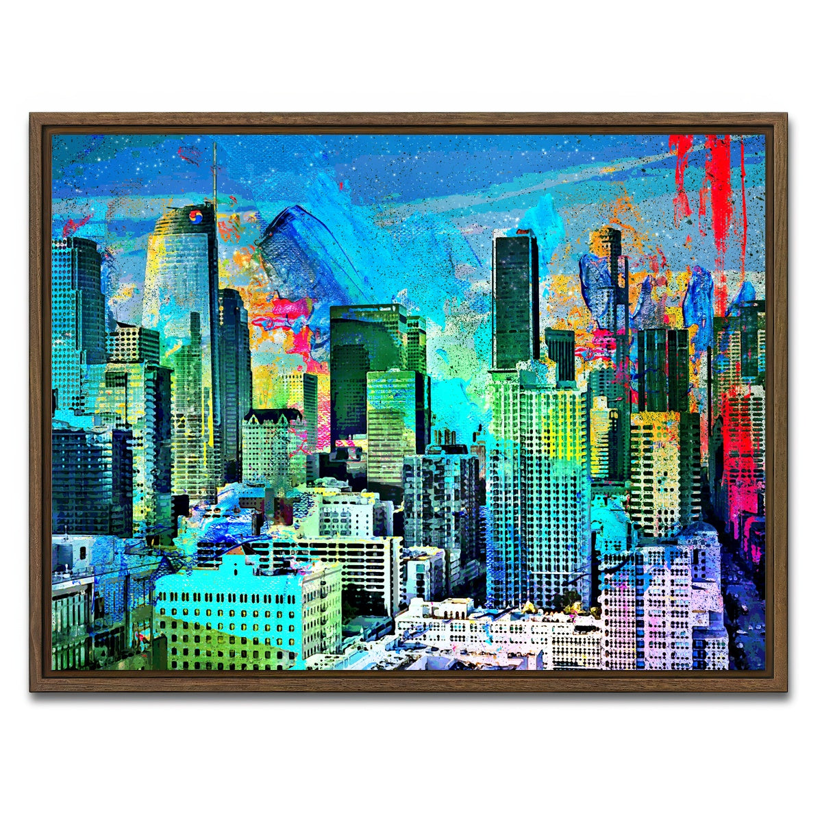 AUTO-MOCKUP WHITE | Downtown LA Skyline | 1 Piece | Walnut Framed Canvas | group=4x3