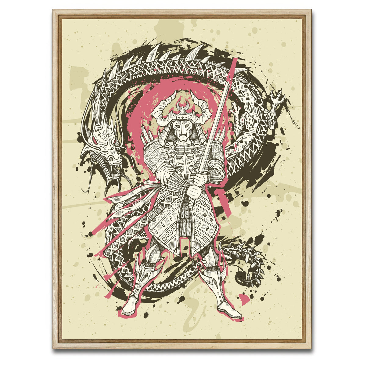 AUTO-MOCKUP WHITE | Dragon & samurai battle | 1 Piece | Natural Framed Canvas | group=3x4