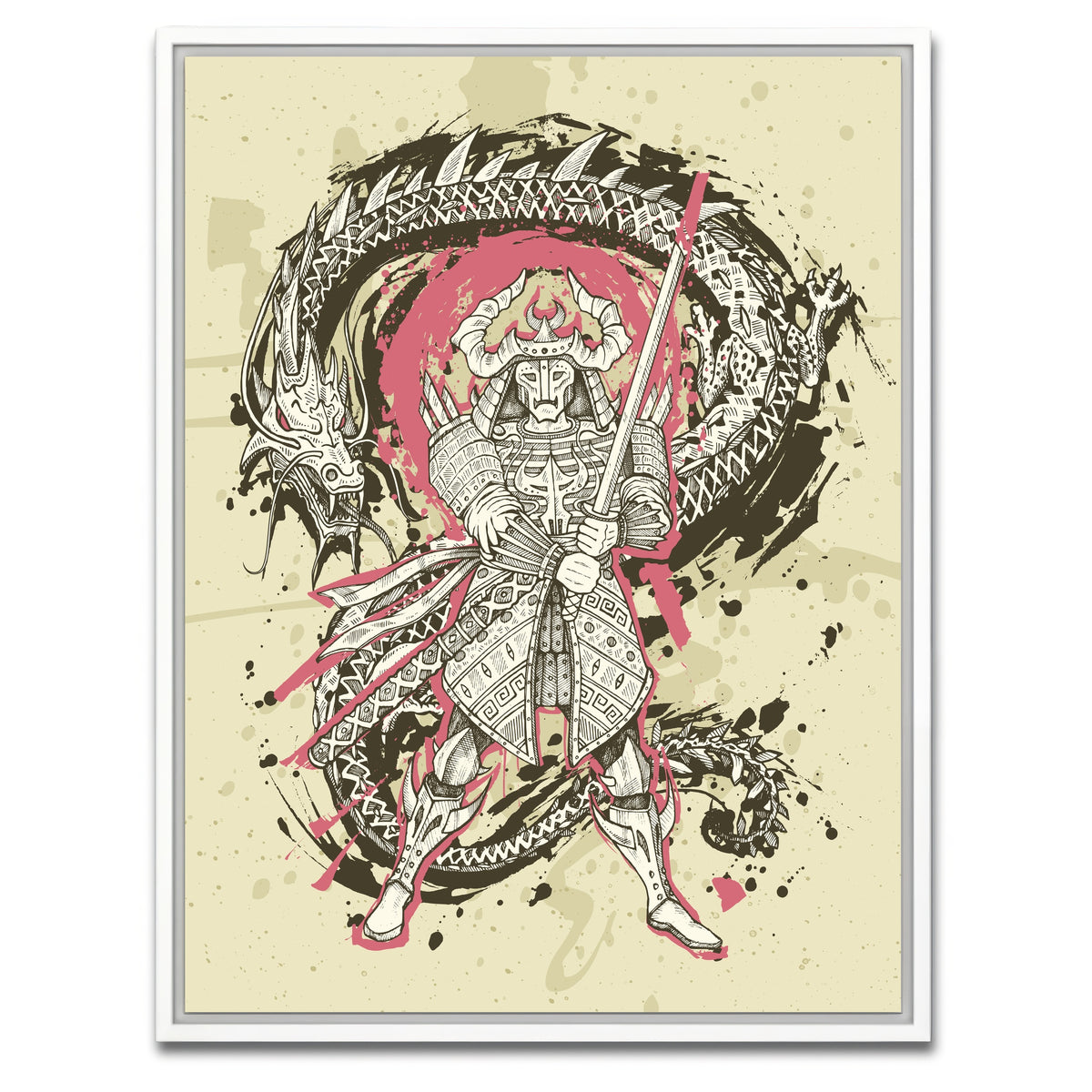 AUTO-MOCKUP WHITE | Dragon & samurai battle | 1 Piece | White Framed Canvas | group=3x4