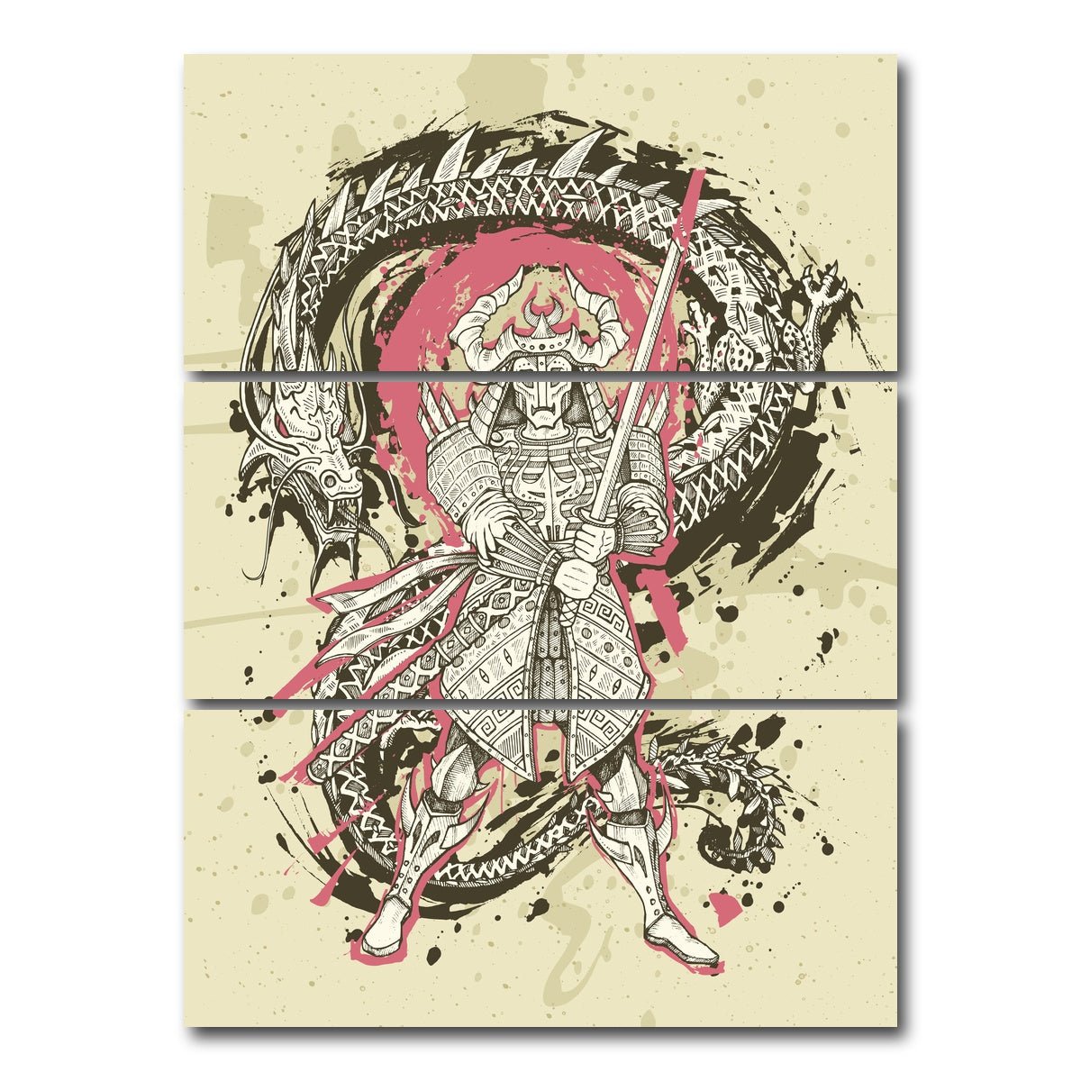 AUTO-MOCKUP WHITE | Dragon & samurai battle | 3 Piece | Gallery Wrap Canvas | group=8x18_stacked