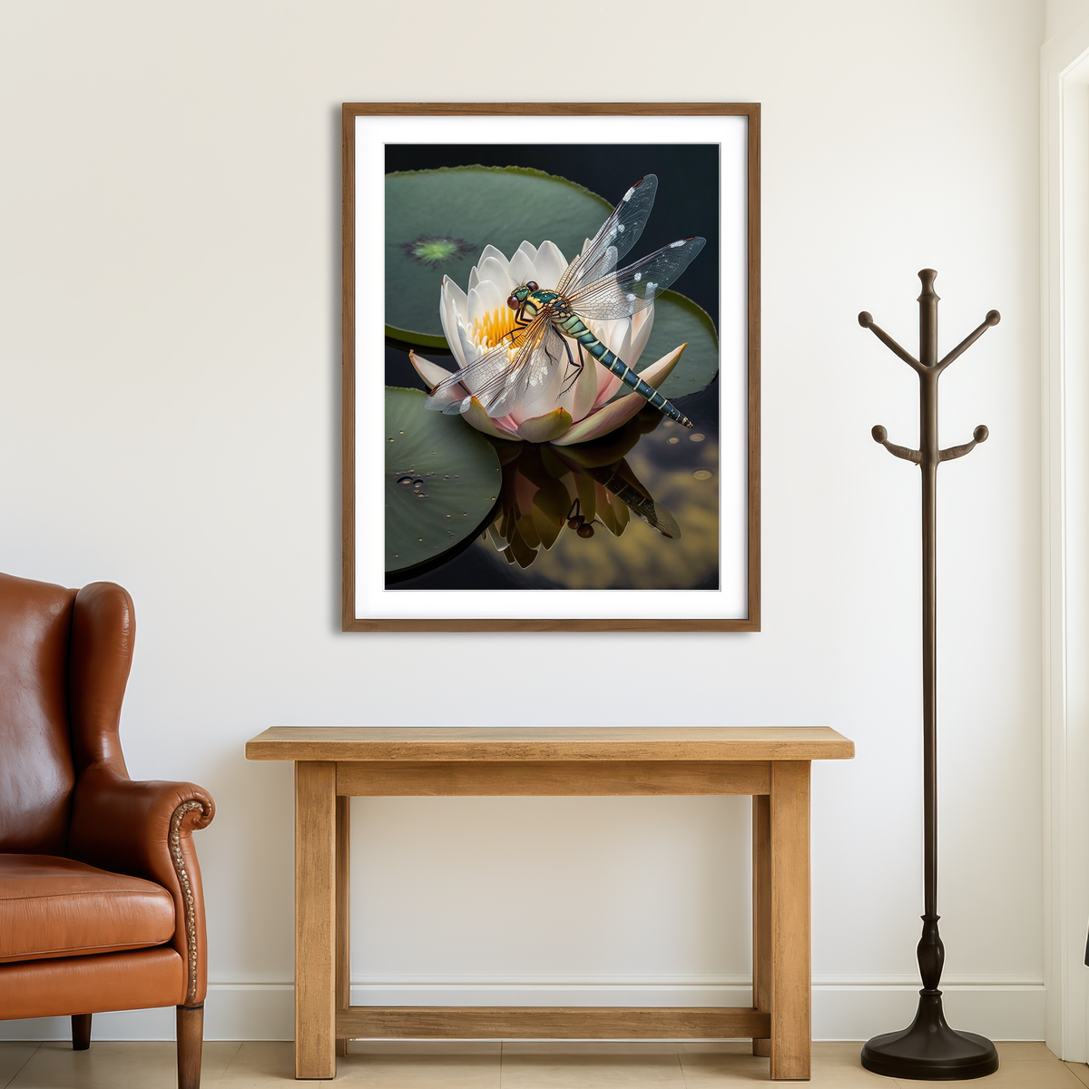 AUTO-MOCKUP ROOM | Dragonfly Resting on a Water Lily Wall Art