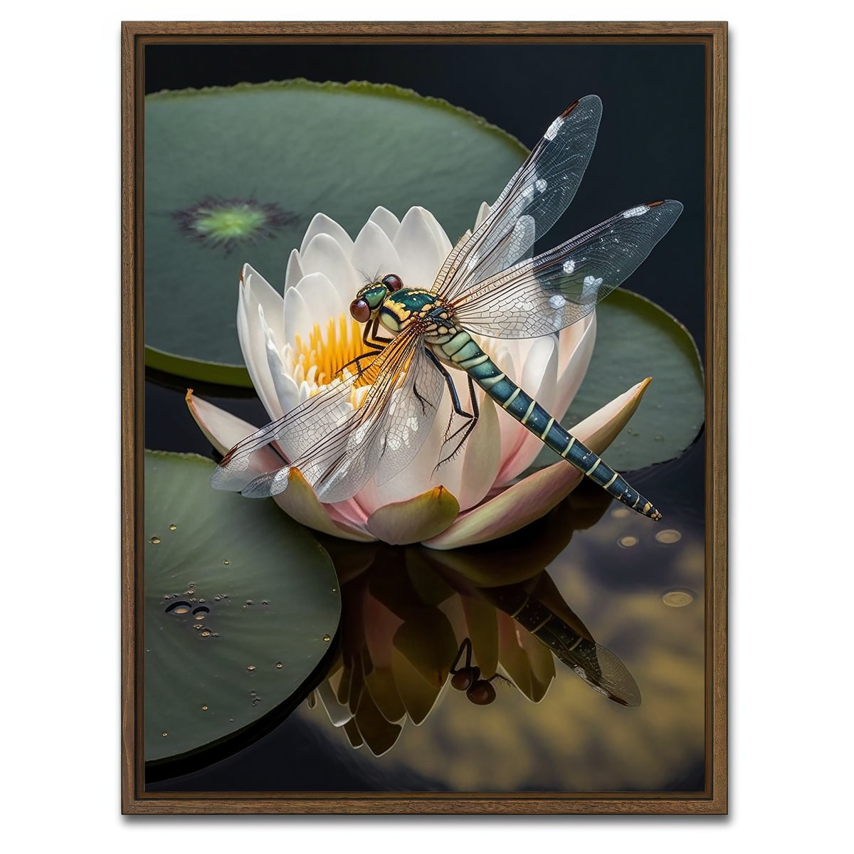 AUTO-MOCKUP WHITE | Dragonfly Resting on a Water Lily | 1 Piece | Walnut Framed Canvas | group=3x4