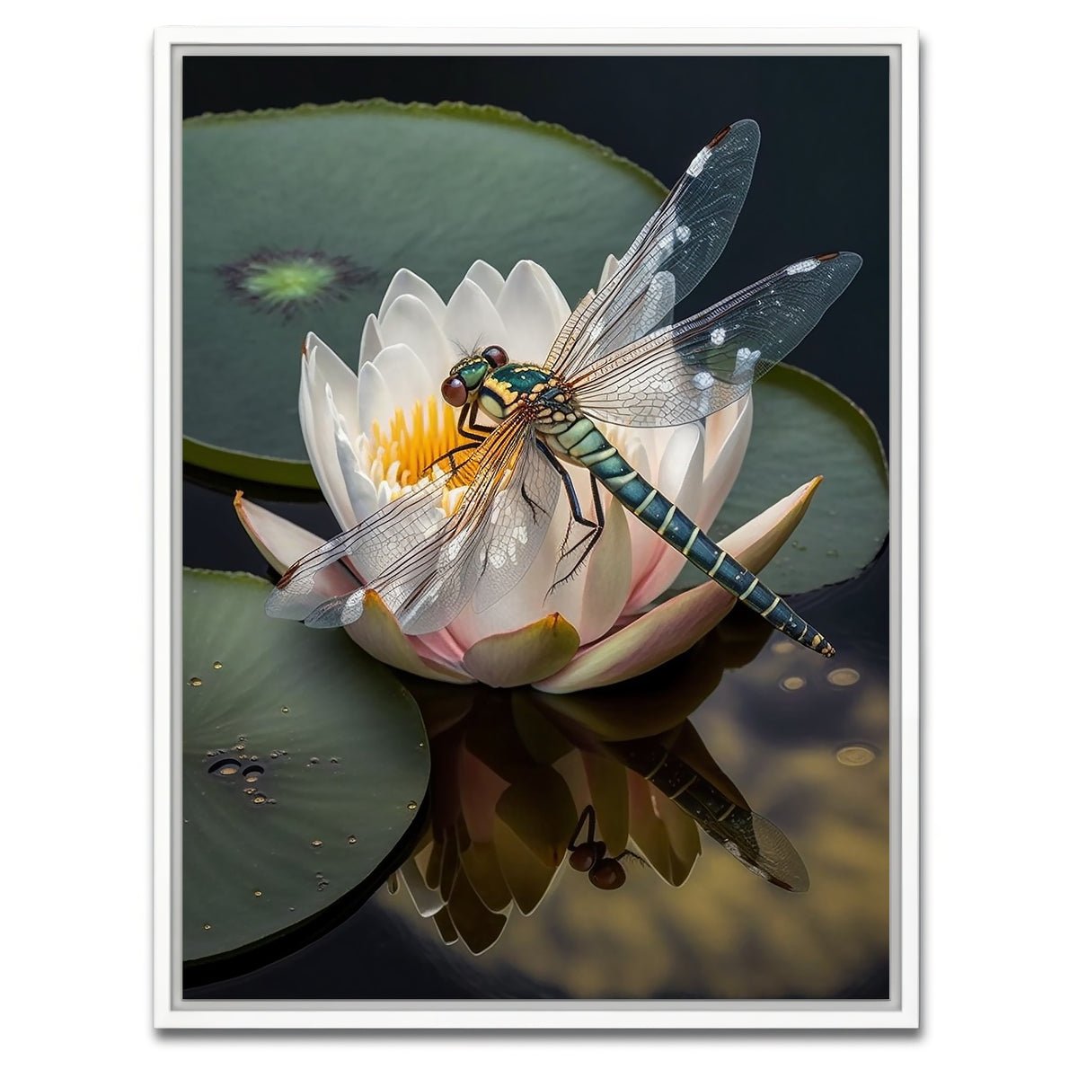 AUTO-MOCKUP WHITE | Dragonfly Resting on a Water Lily | 1 Piece | White Framed Canvas | group=3x4
