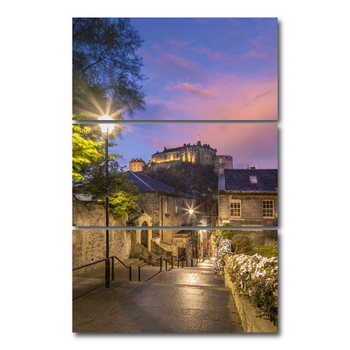 AUTO-MOCKUP WHITE | Edinburgh Castle Sunset | 3 Piece | Gallery Wrap Canvas | group=12x24_stacked