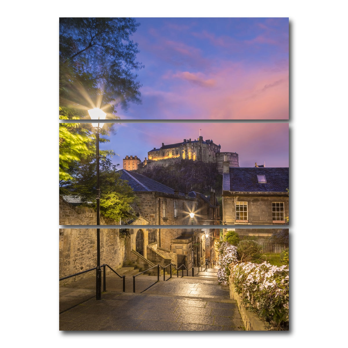AUTO-MOCKUP WHITE | Edinburgh Castle Sunset | 3 Piece | Gallery Wrap Canvas | group=8x18_stacked