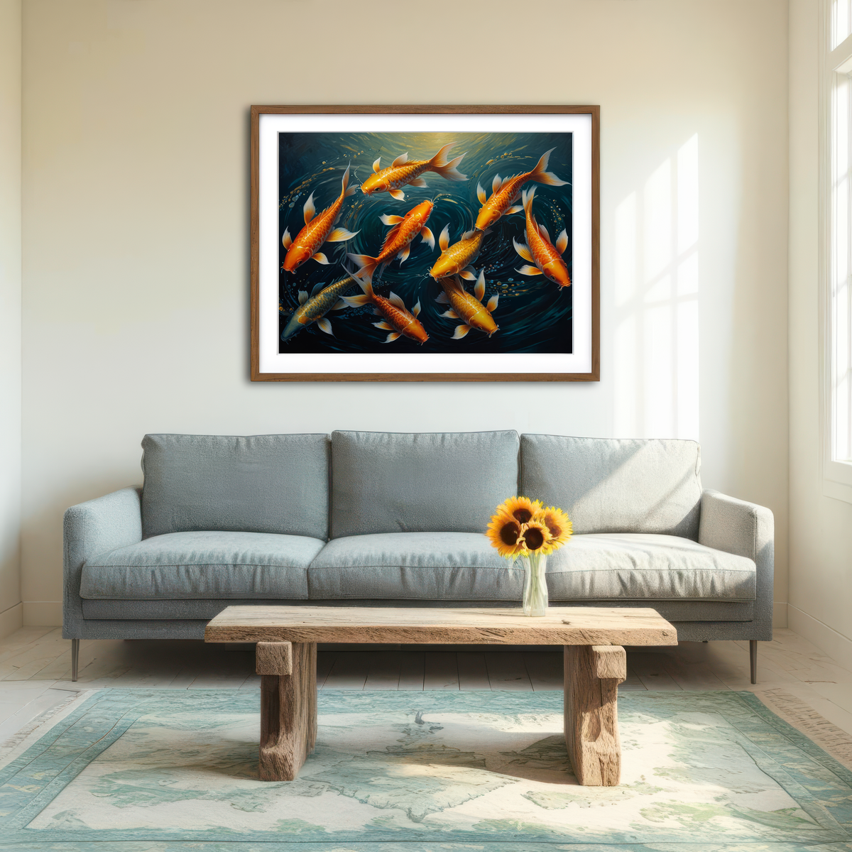 AUTO-MOCKUP ROOM | Elegant Koi Fish Swimming Wall Art