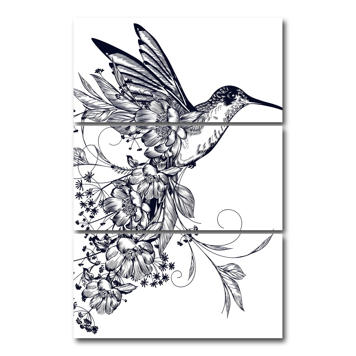 AUTO-MOCKUP WHITE | Elegant hummingbird with flowers | 3 Piece | Gallery Wrap Canvas | group=12x24_stacked