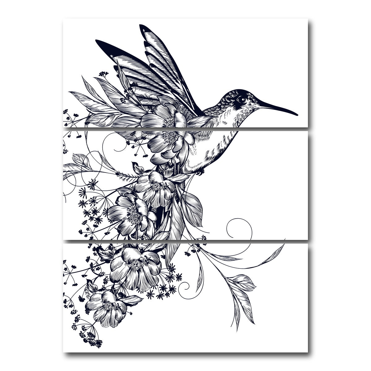 AUTO-MOCKUP WHITE | Elegant hummingbird with flowers | 3 Piece | Gallery Wrap Canvas | group=8x18_stacked