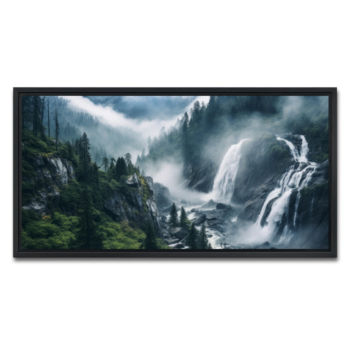 AUTO-MOCKUP WHITE | Enchanting forest waterfalls | 1 Piece | Black Framed Canvas | group=2x1