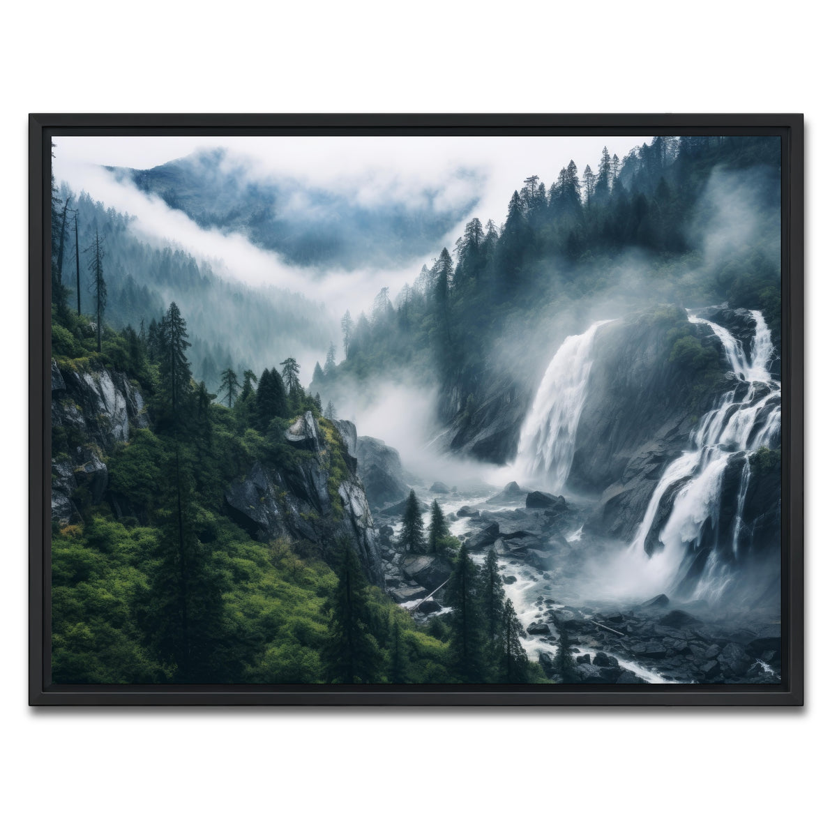 AUTO-MOCKUP WHITE | Enchanting forest waterfalls | 1 Piece | Black Framed Canvas | group=4x3