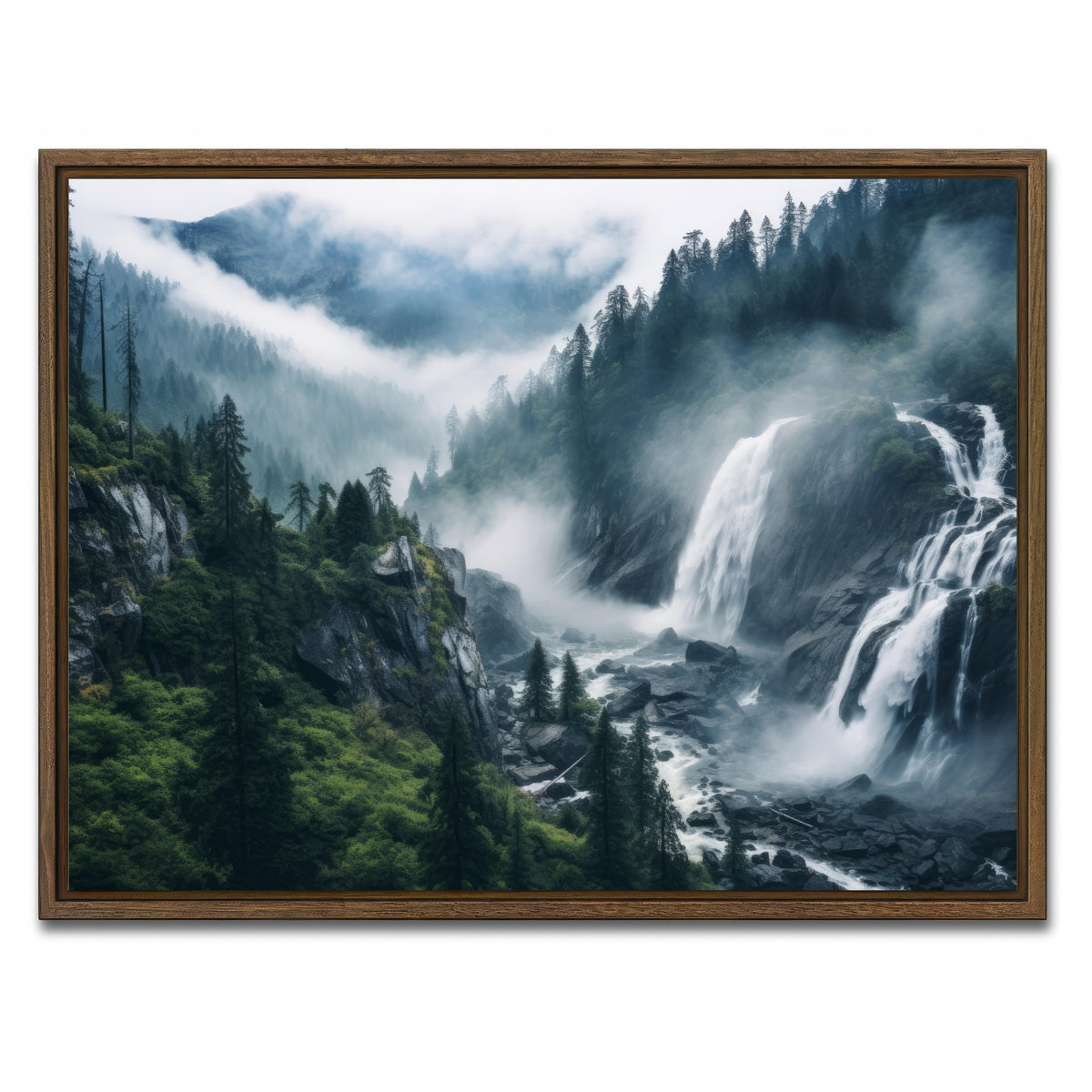 AUTO-MOCKUP WHITE | Enchanting forest waterfalls | 1 Piece | Walnut Framed Canvas | group=4x3