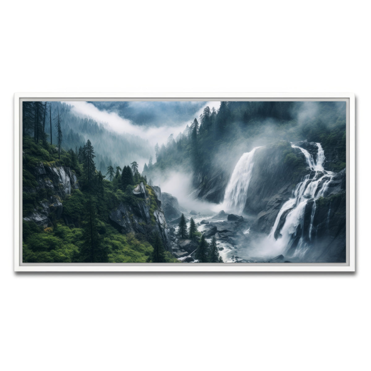 AUTO-MOCKUP WHITE | Enchanting forest waterfalls | 1 Piece | White Framed Canvas | group=2x1