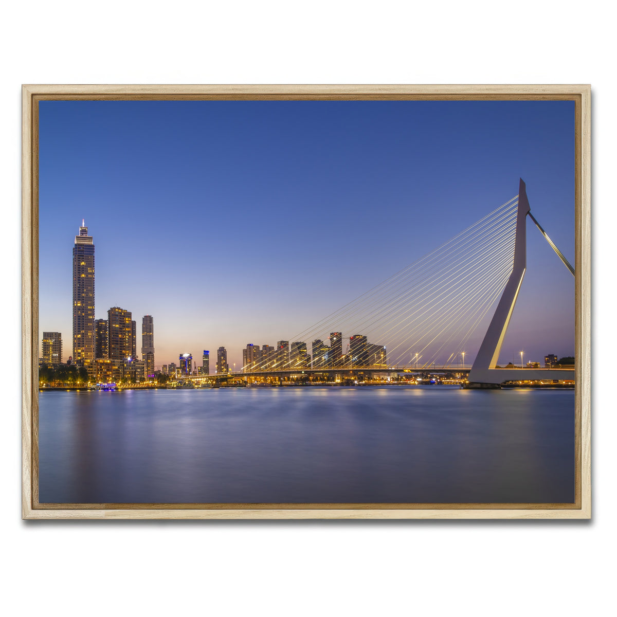 AUTO-MOCKUP WHITE | Erasmus Bridge and Rotterdam skyline in the evening | 1 Piece | Natural Framed Canvas | group=4x3