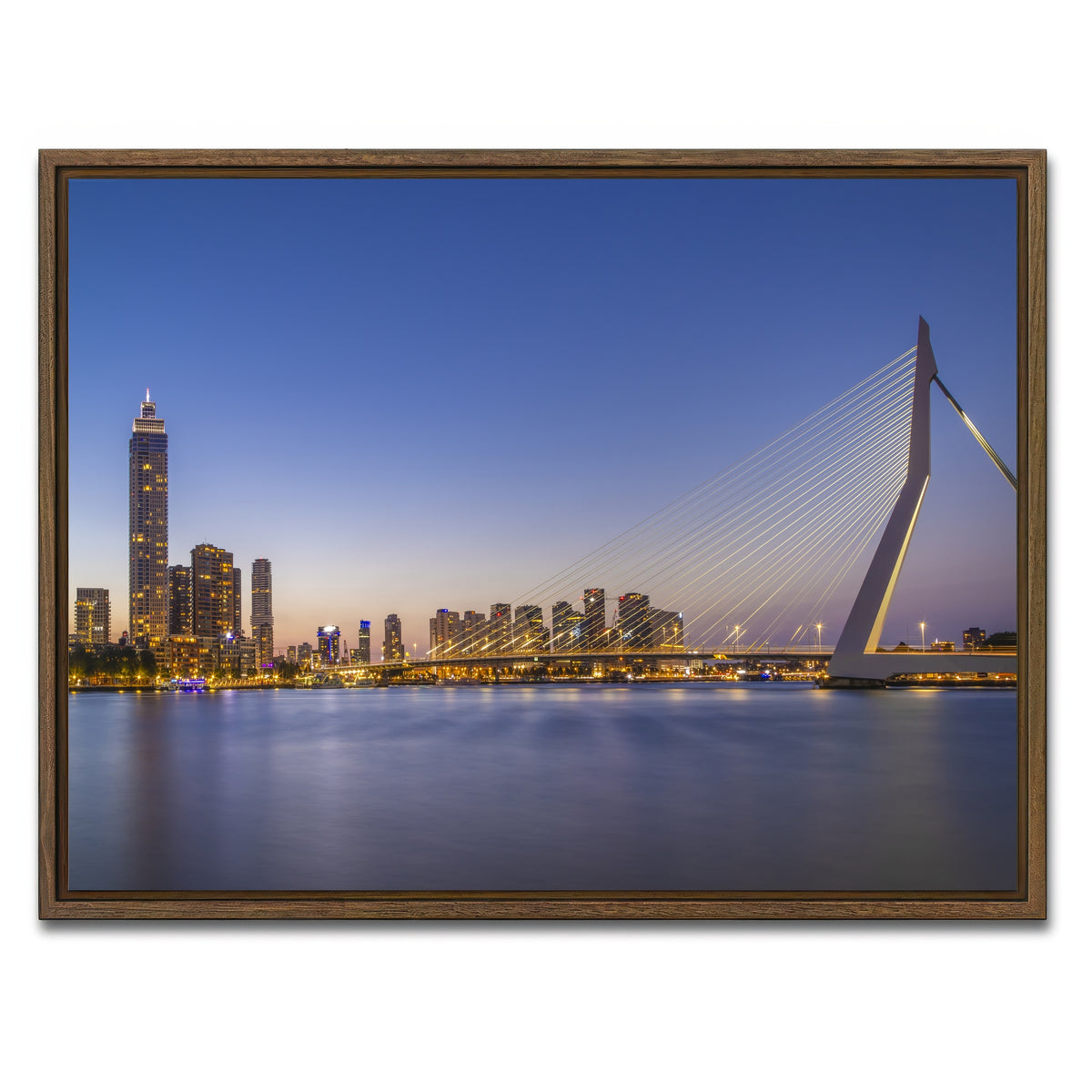 AUTO-MOCKUP WHITE | Erasmus Bridge and Rotterdam skyline in the evening | 1 Piece | Walnut Framed Canvas | group=4x3