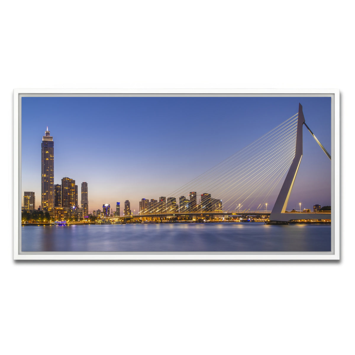 AUTO-MOCKUP WHITE | Erasmus Bridge and Rotterdam skyline in the evening | 1 Piece | White Framed Canvas | group=2x1